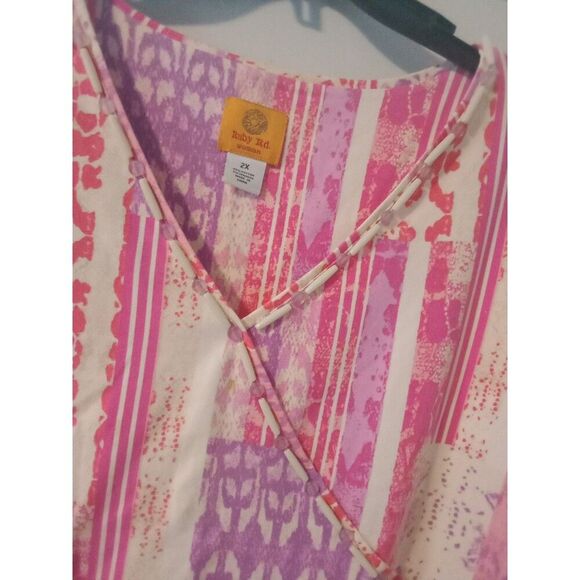 2X Ruby Rd Top Beaded V Neckline 3/4 Sleeves Pink & White - Picture 6 of 8